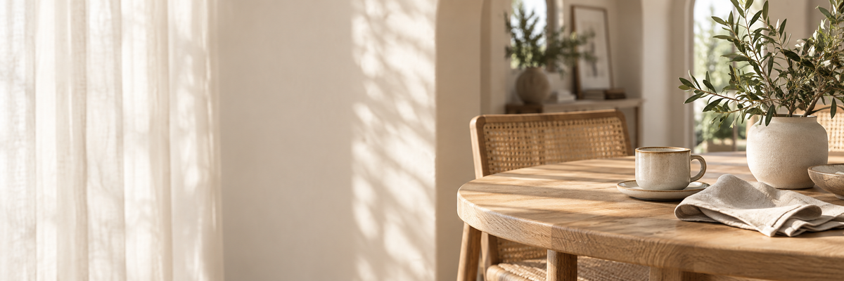 A quiet coffee moment at a pale oak table with woven seating and soft morning light