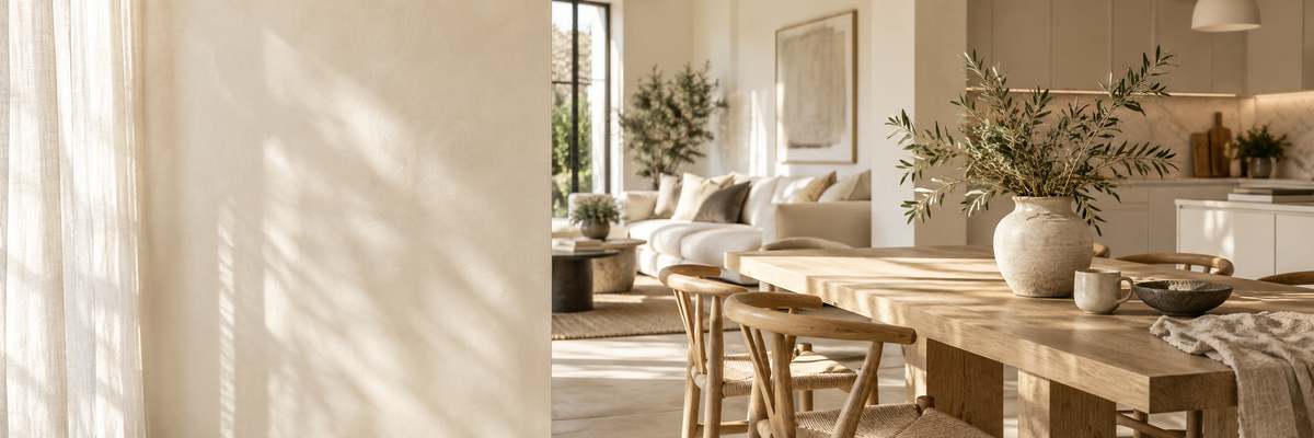 Sunlit home with pale oak furniture, soft linen and olive branches